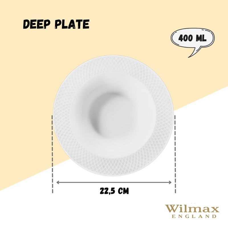 White Porcelain Deep Plate With Embossed Wide Rim 9" | For soup, pasta, salad