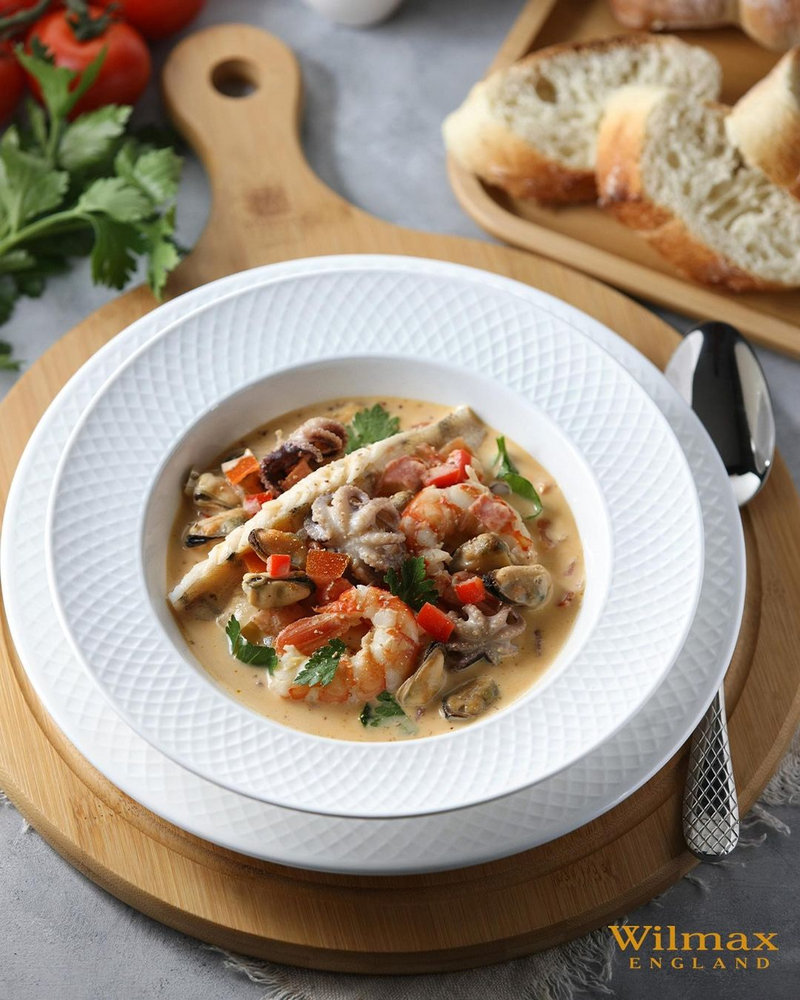 White Porcelain Deep Plate With Embossed Wide Rim 9" | For soup, pasta, salad