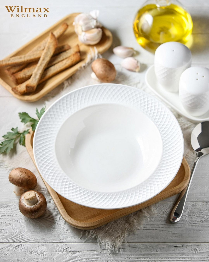 White Porcelain Deep Plate With Embossed Wide Rim 9" | For soup, pasta, salad