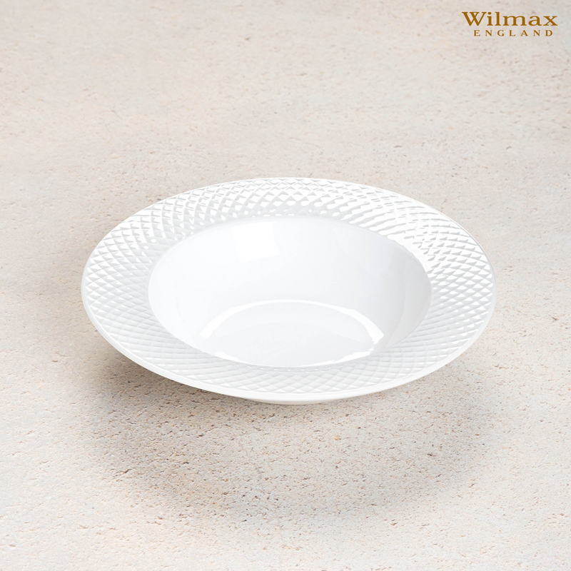 White Porcelain Deep Plate With Embossed Wide Rim 9" | For soup, pasta, salad