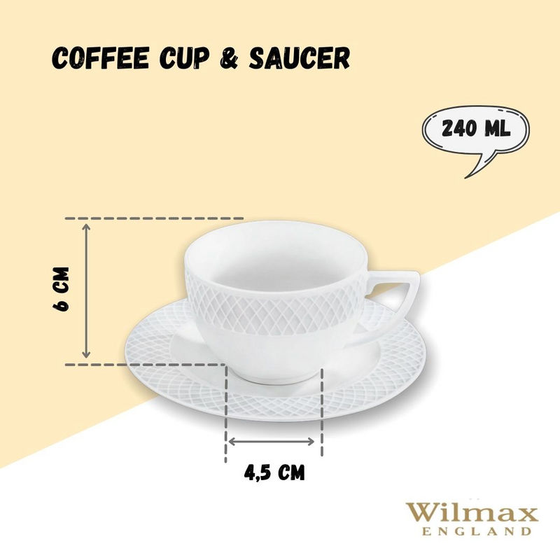 White 8 Oz Tea Cup & 6" Saucer Set Of 6 In Gift Box