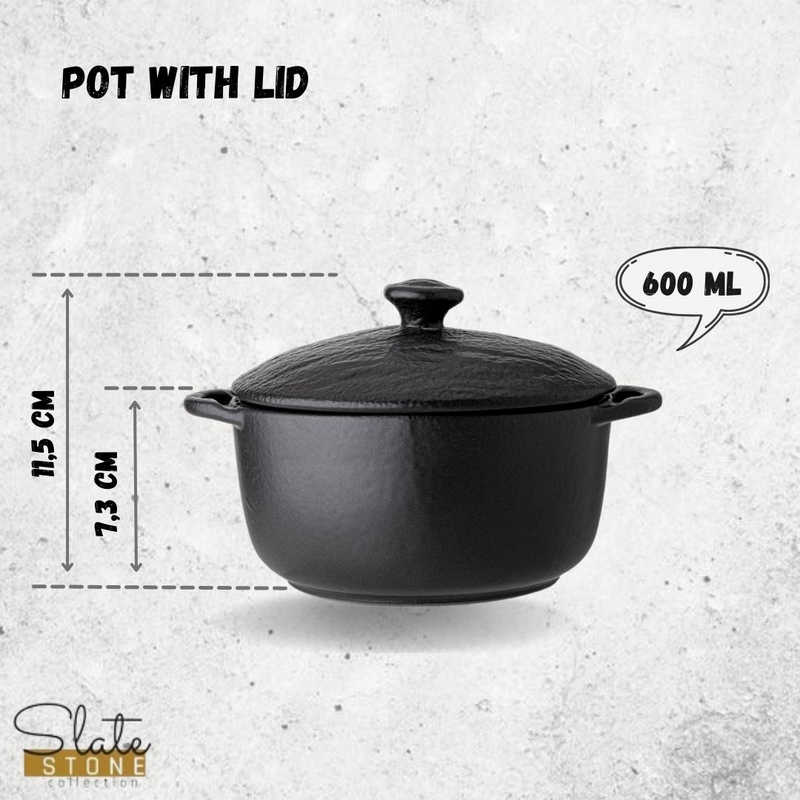 Black Porcelain Slate look Pot With Lid 7" X 4.25" | 20 Fl Oz