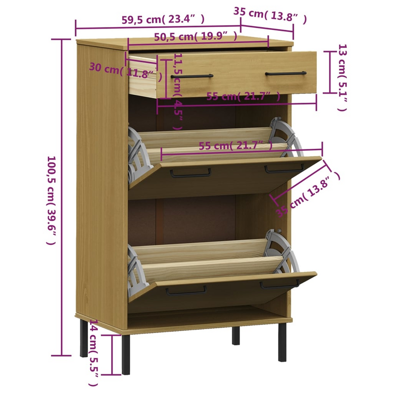 Brown Solid Wood Pine OSLO Shoe Rack with Metal Legs