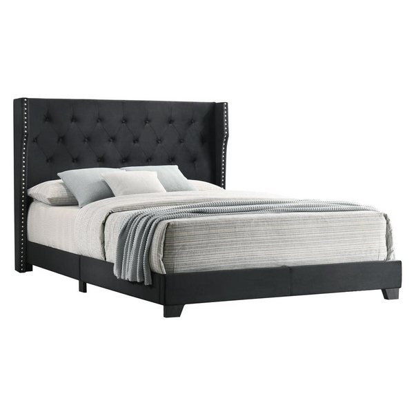 Black Velvet Uph. Panel Bed Tufted Buttons Side Studs, Full
