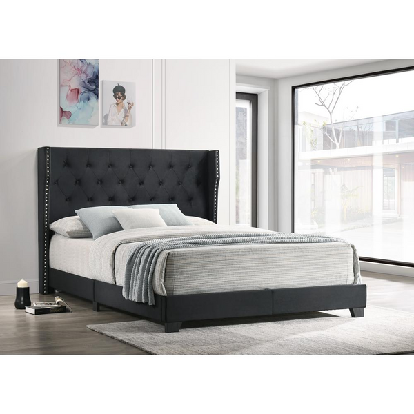 Black Velvet Uph. Panel Bed Tufted Buttons Side Studs, Full