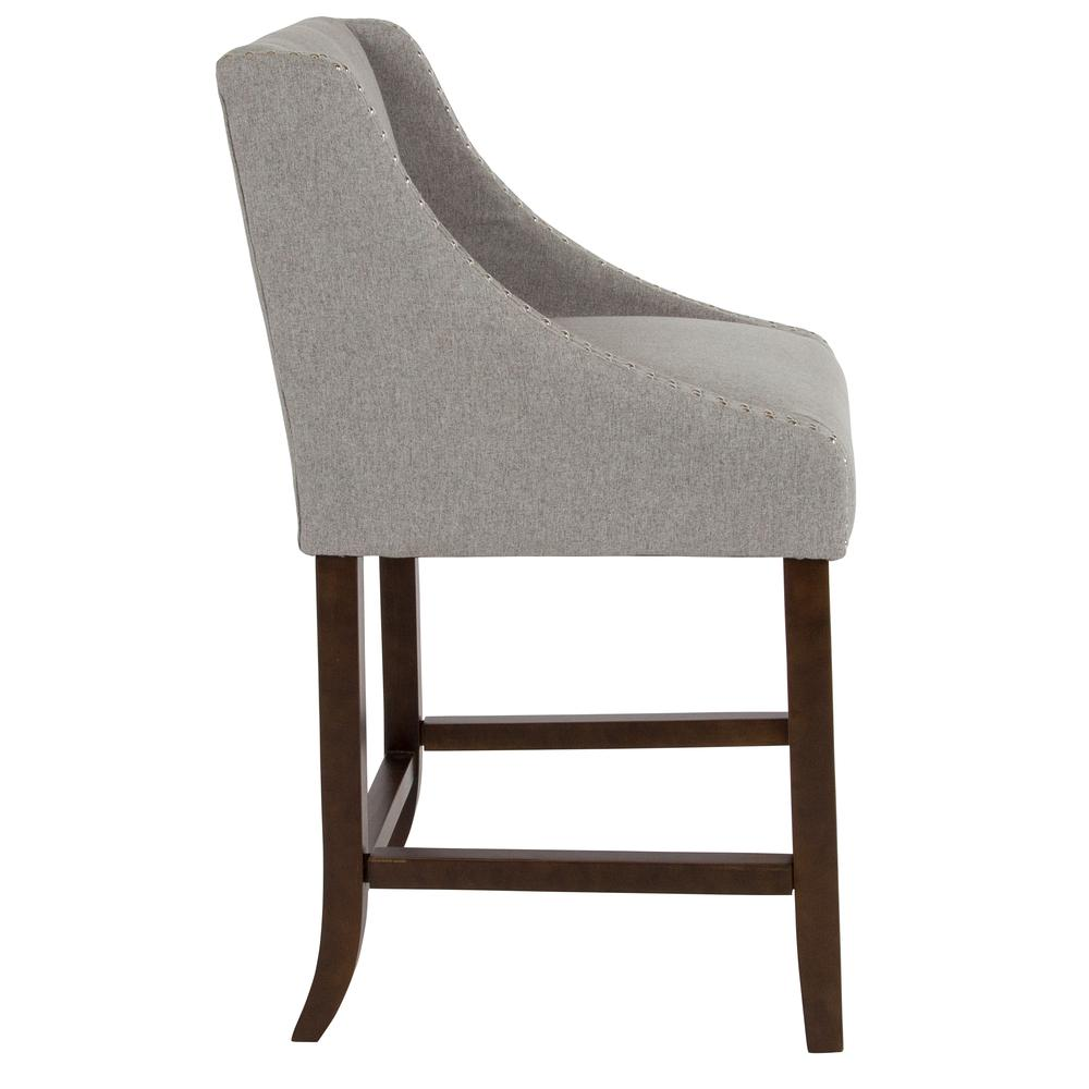 Carmel Series 24" High Transitional Walnut Counter Height Stool with Accent Nail Trim in Light Gray Fabric