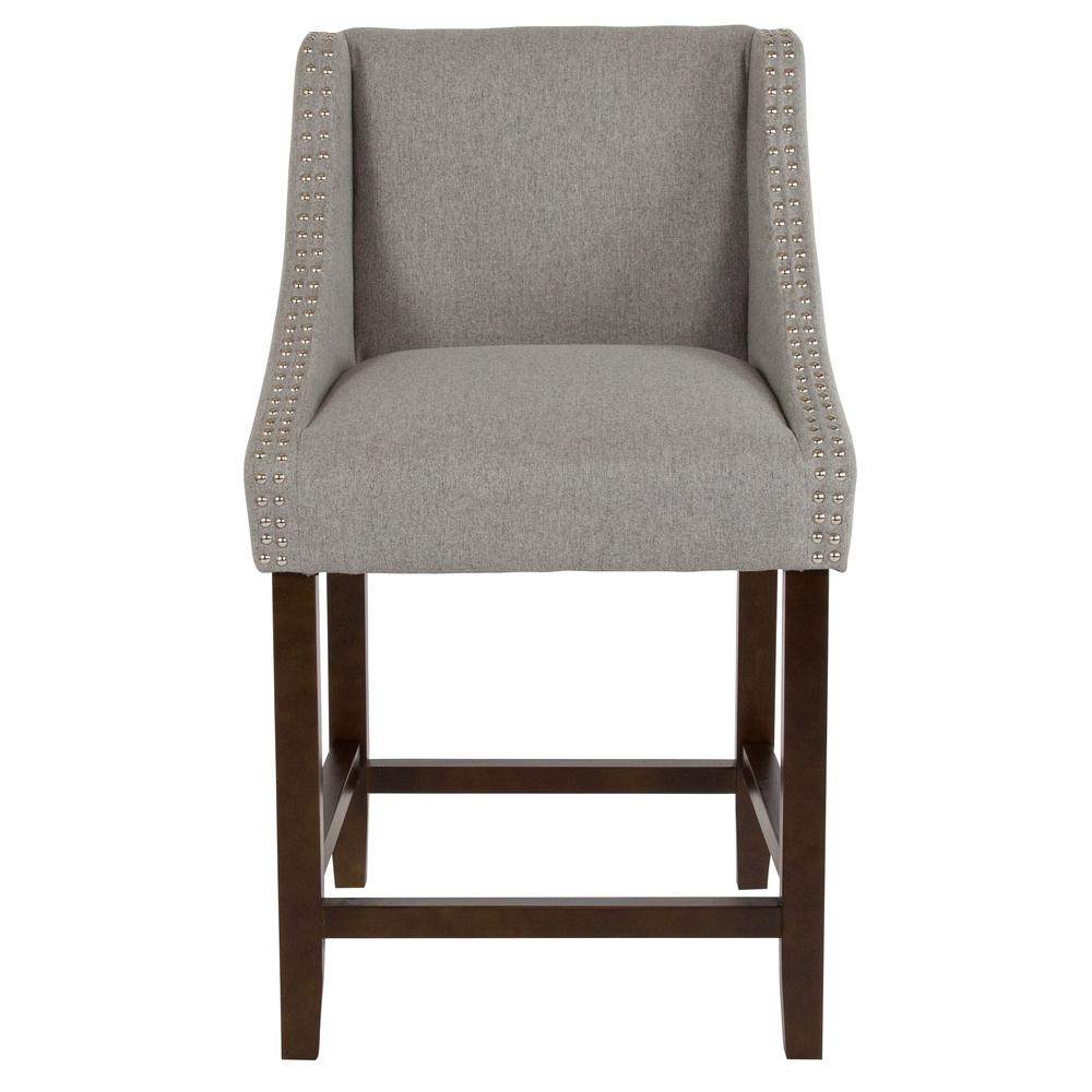 Carmel Series 24" High Transitional Walnut Counter Height Stool with Accent Nail Trim in Light Gray Fabric