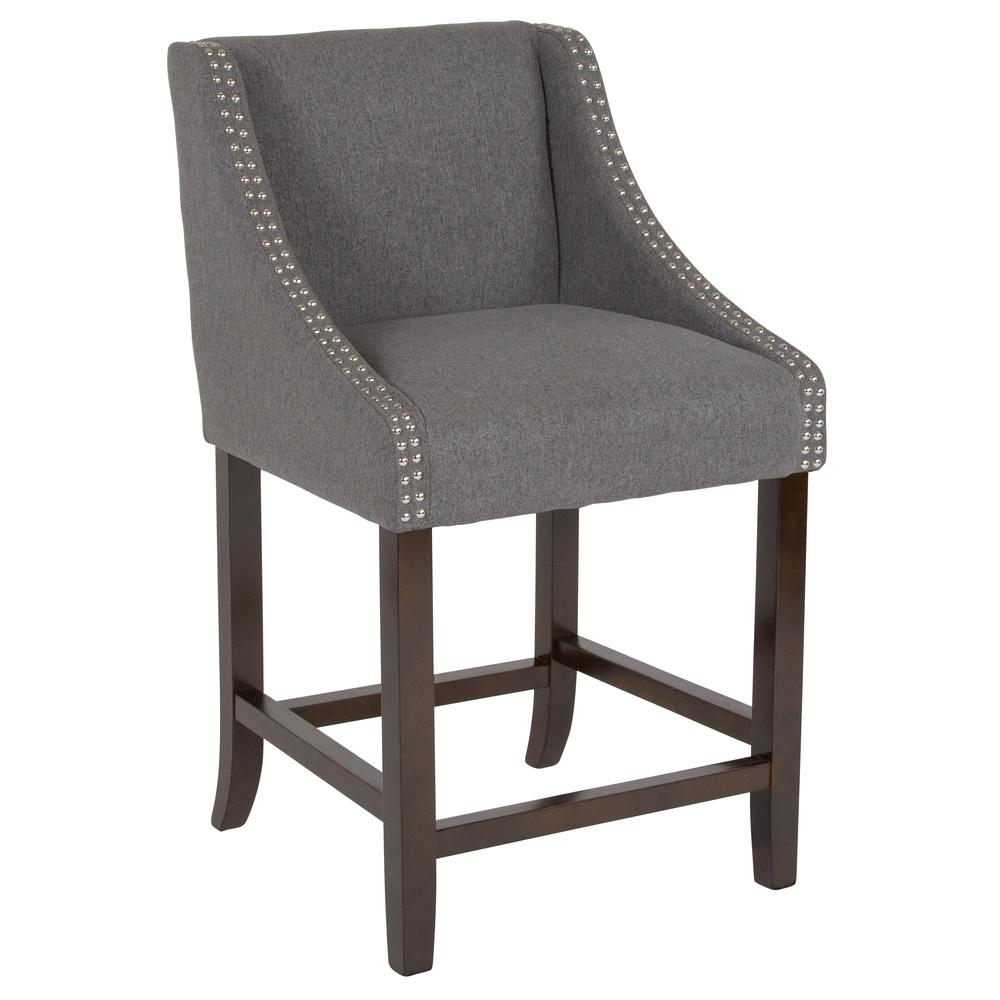 Carmel Series 24" High Transitional Walnut Counter Height Stool with Accent Nail Trim in Dark Gray Fabric