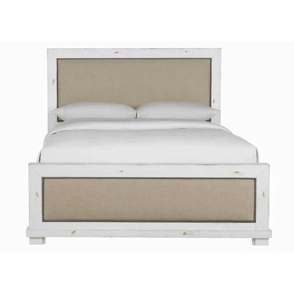 White Pine and Linen Upholstered Queen Size Bed