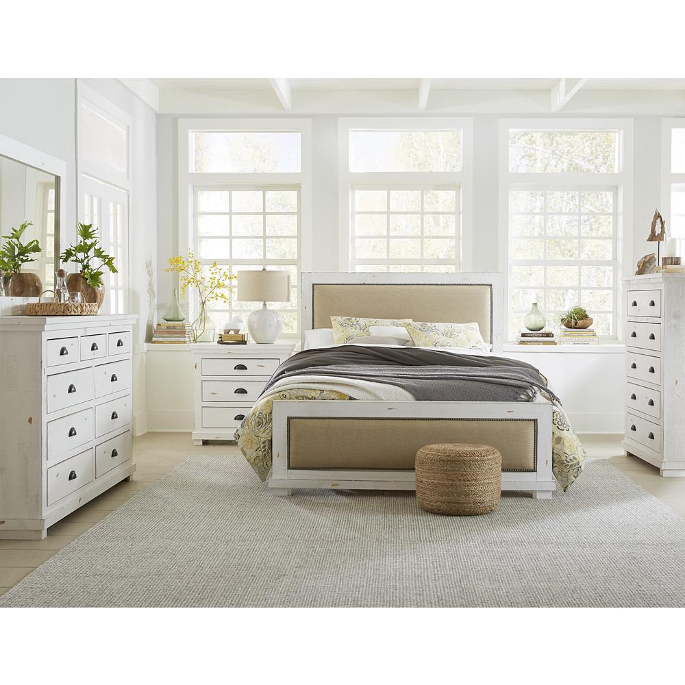 White Pine and Linen Upholstered Queen Size Bed