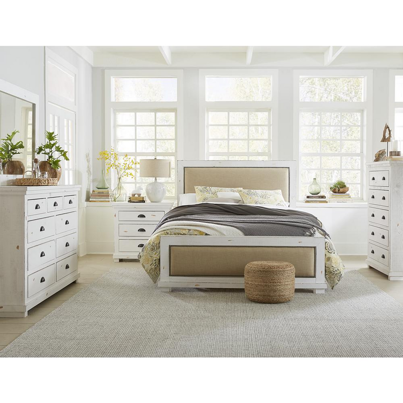 White Pine and Linen Upholstered Queen Size Bed