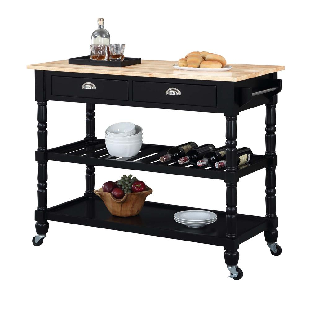 Black French Country 3-Tier Butcher Block Kitchen Cart with Drawers