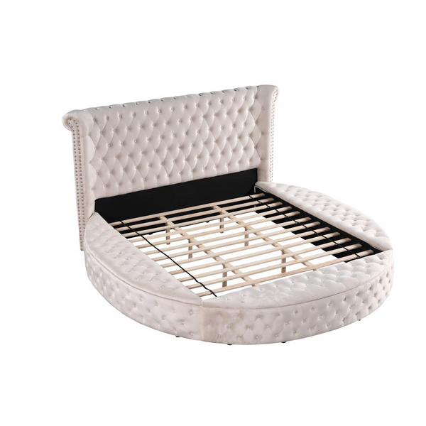 Beige Bella Velvet Round Queen Bed with Storage