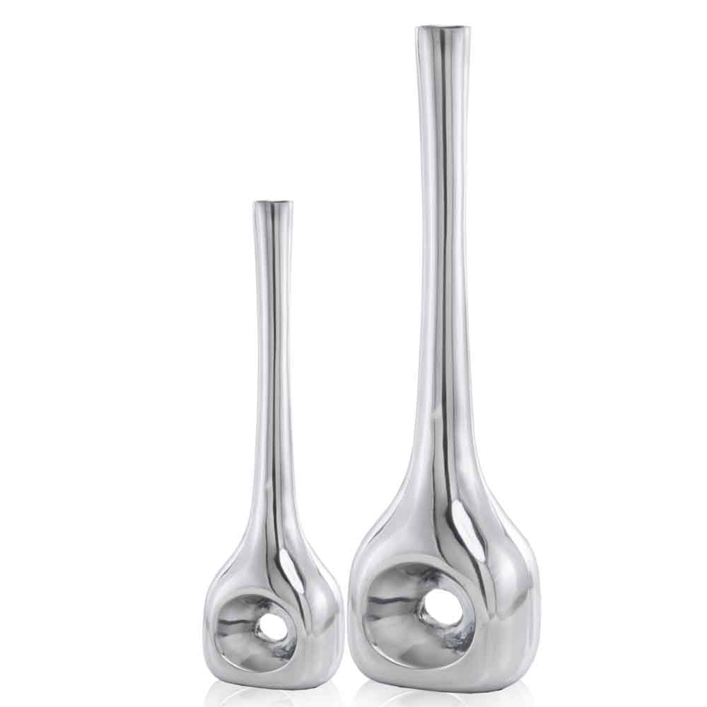 Buffed Silver Hole Set of 2 Vases-0