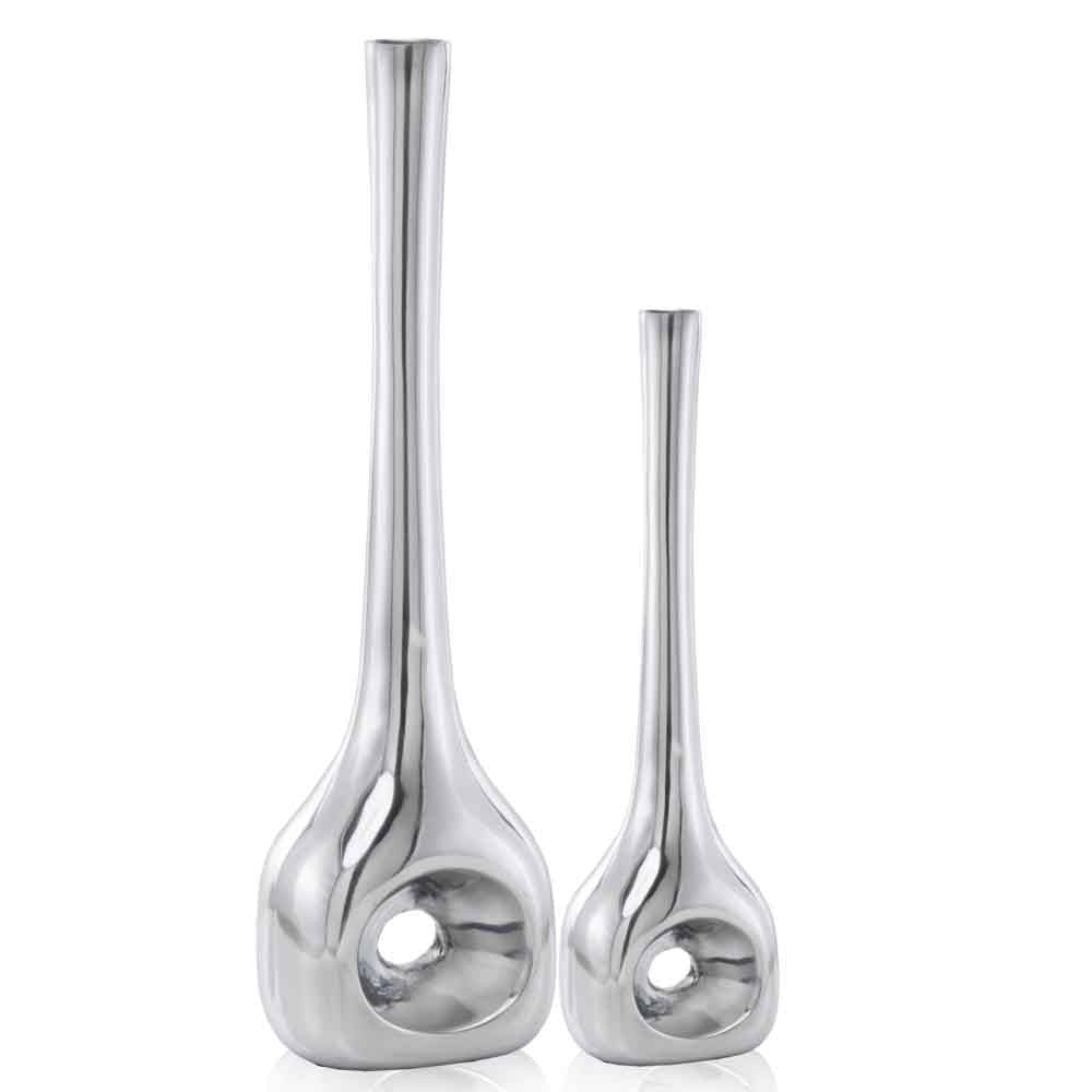 Buffed Silver Hole Set of 2 Vases-2