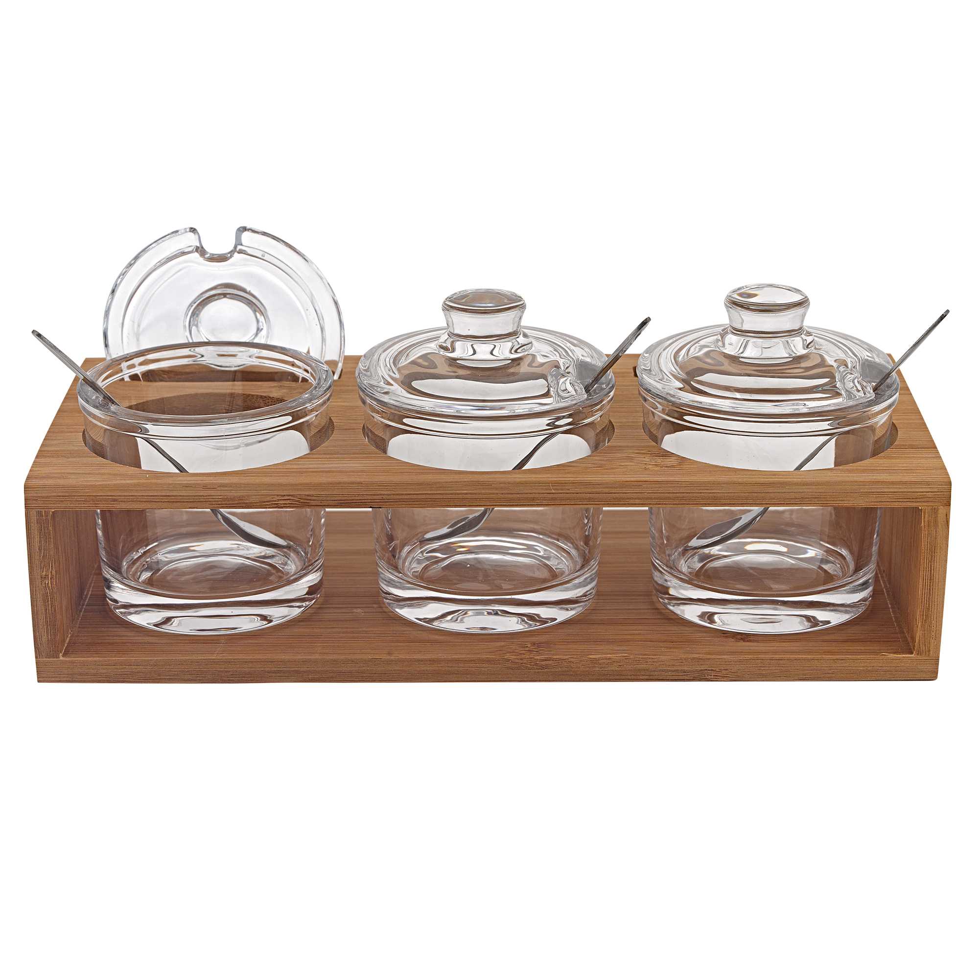 6 Mouth Blown Crystal Jam Set With 3 Glass Jars and Spoons on a Wood Stand-0