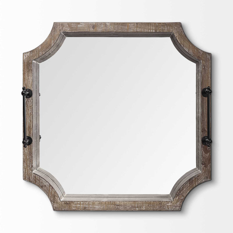 Rustic Antique Wash Finish Wood With Mirrored Glass Bottom And Metal Handle Tray-1