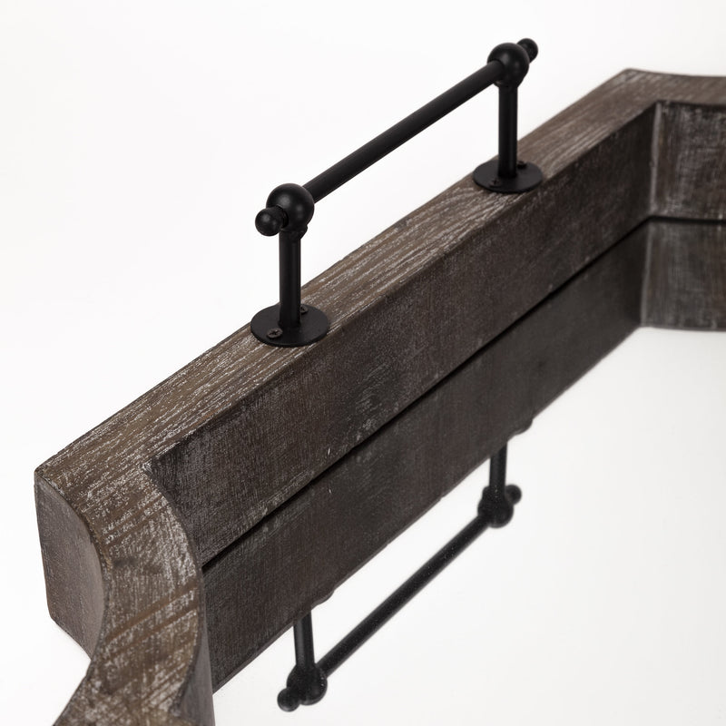 Rustic Antique Wash Finish Wood With Mirrored Glass Bottom And Metal Handle Tray-3