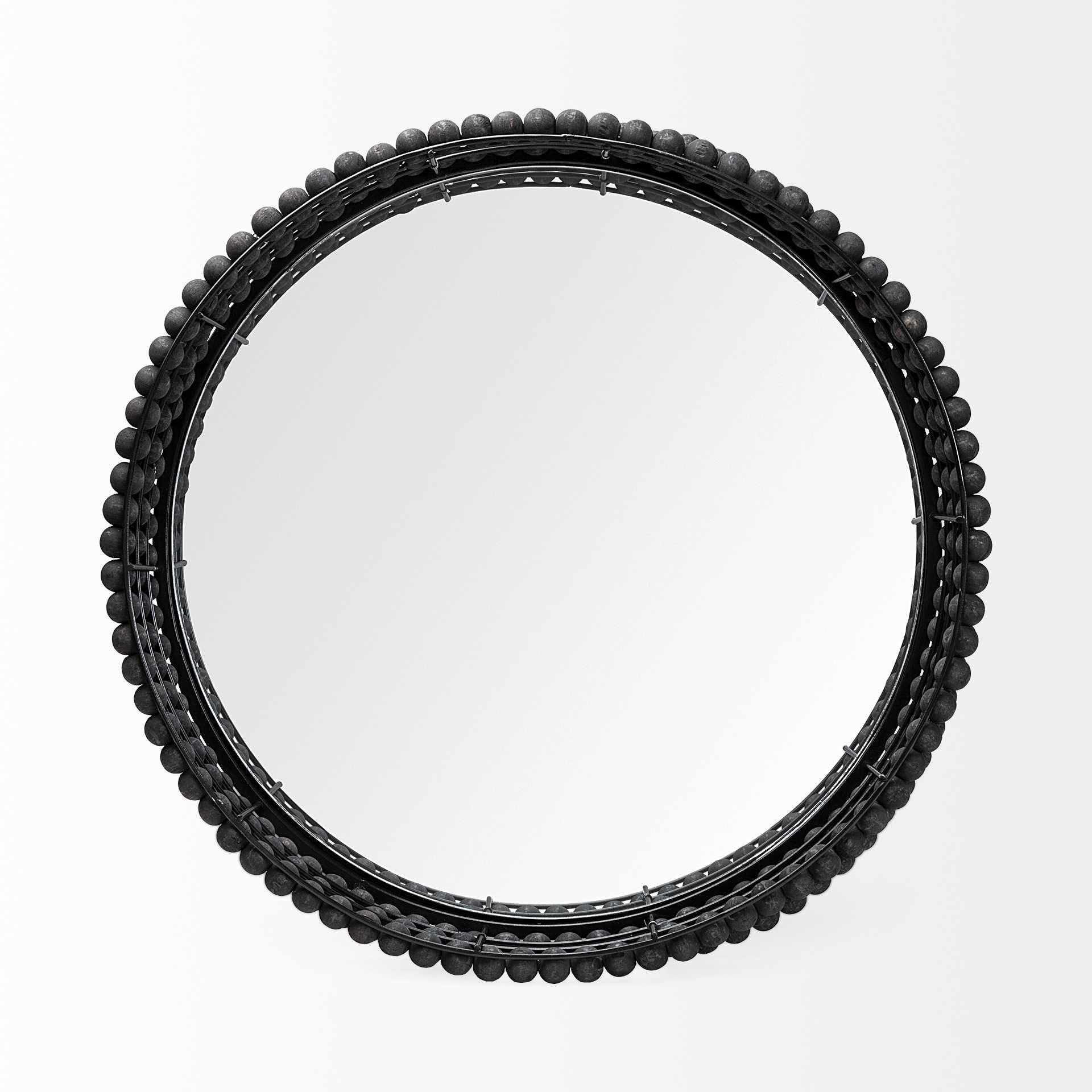 21" Matte Black Wood With Bead Mirrored Glass Bottom Round Tray-3