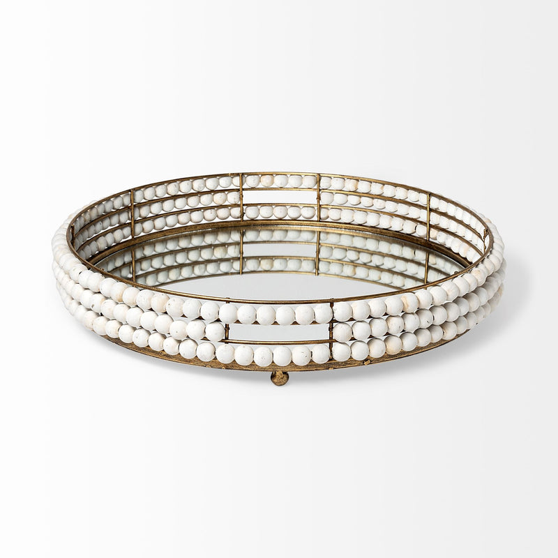 21" Gold Metal With Wooden Bead Frame And Mirrored Glass Bottom Round Tray-1