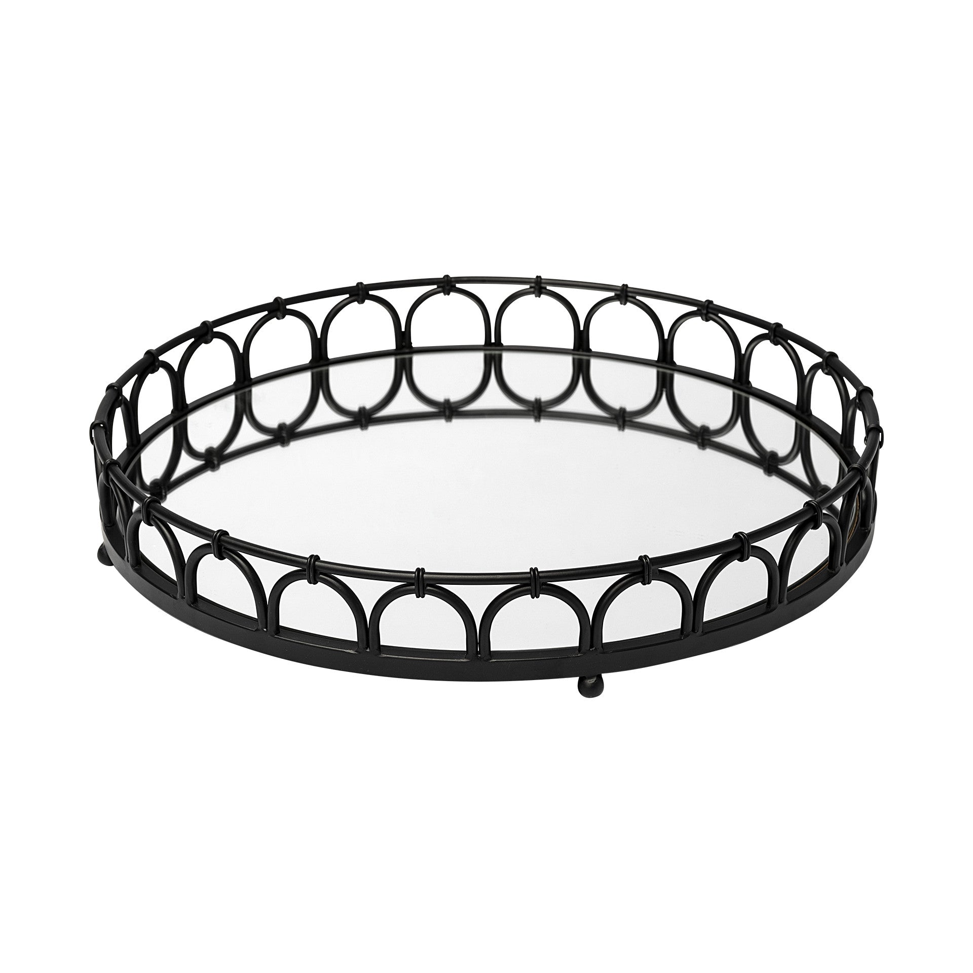 20" Matte Black Metal Half Circles And Mirrored Glass Round Tray-0