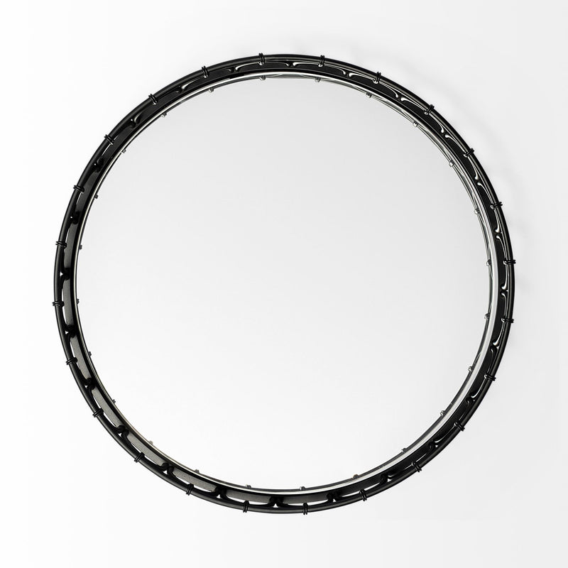 20" Matte Black Metal Half Circles And Mirrored Glass Round Tray-1