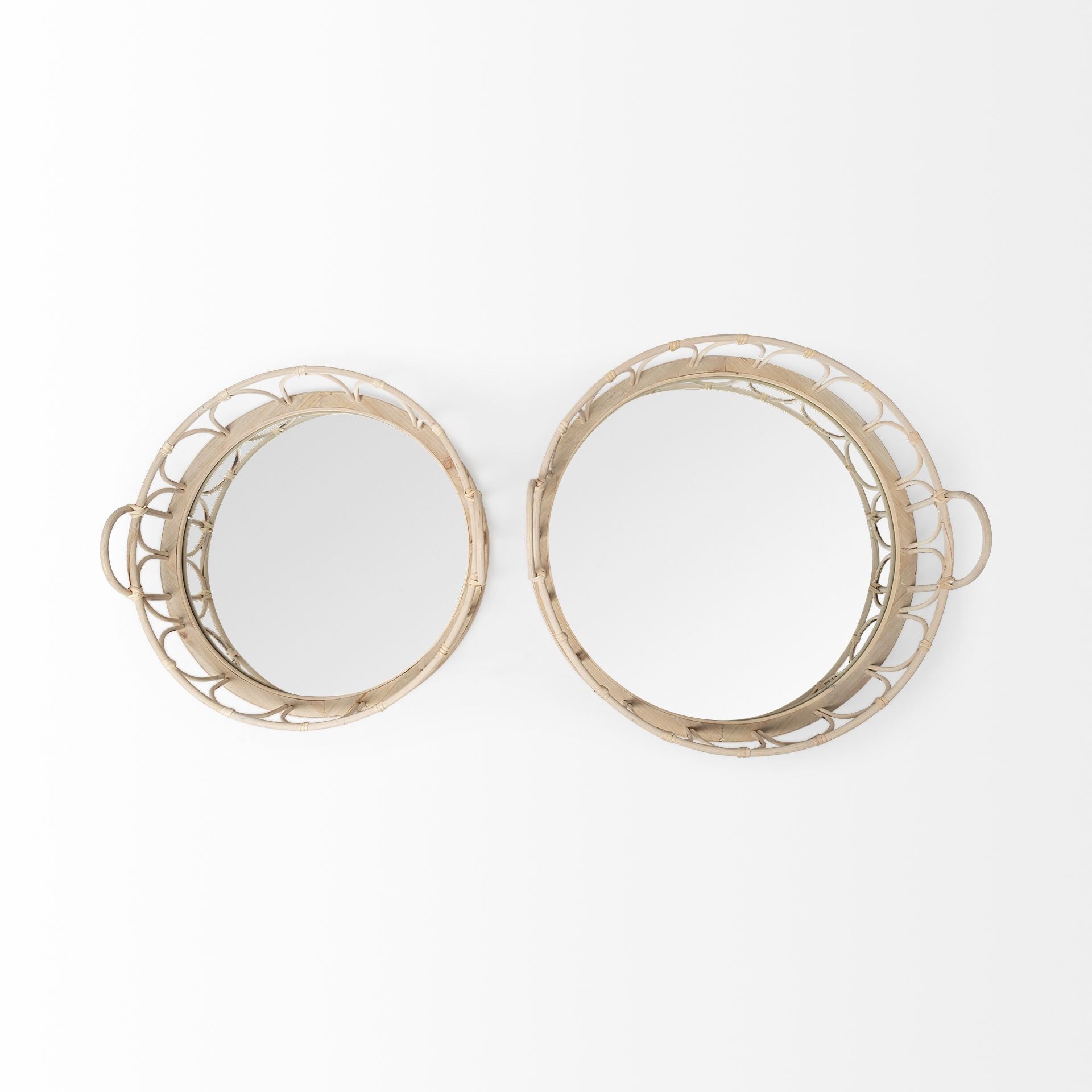 Set of 2 20" Natural Blonde Wood With Intricately Railings And Mirrored Glass Bottom Round Tray-4