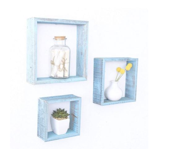 Set of 3 Square Robins Egg Blue Reclaimed Wood Open Box Shelve-1