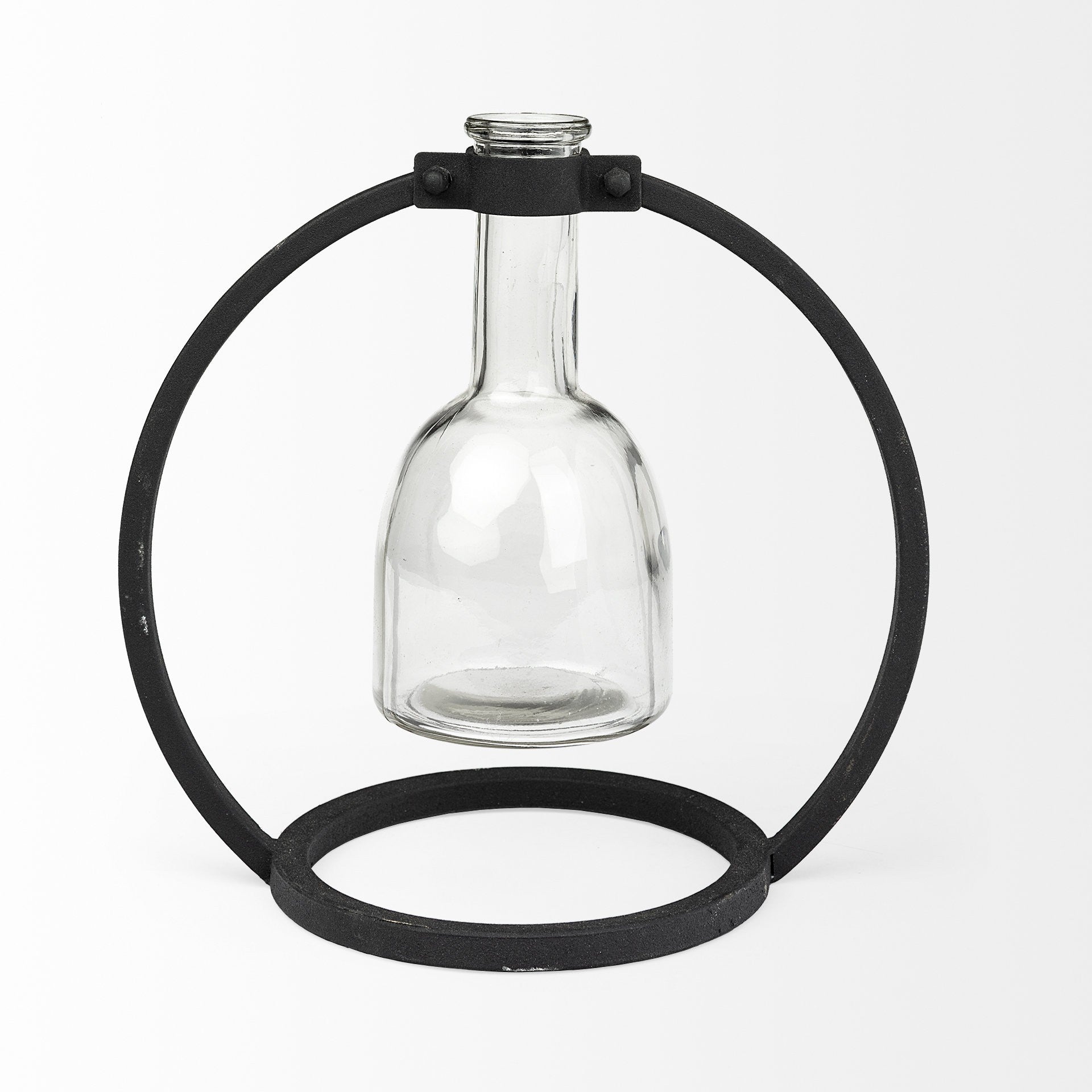 Modern Industrial Black Round Metal and Glass Vase-1