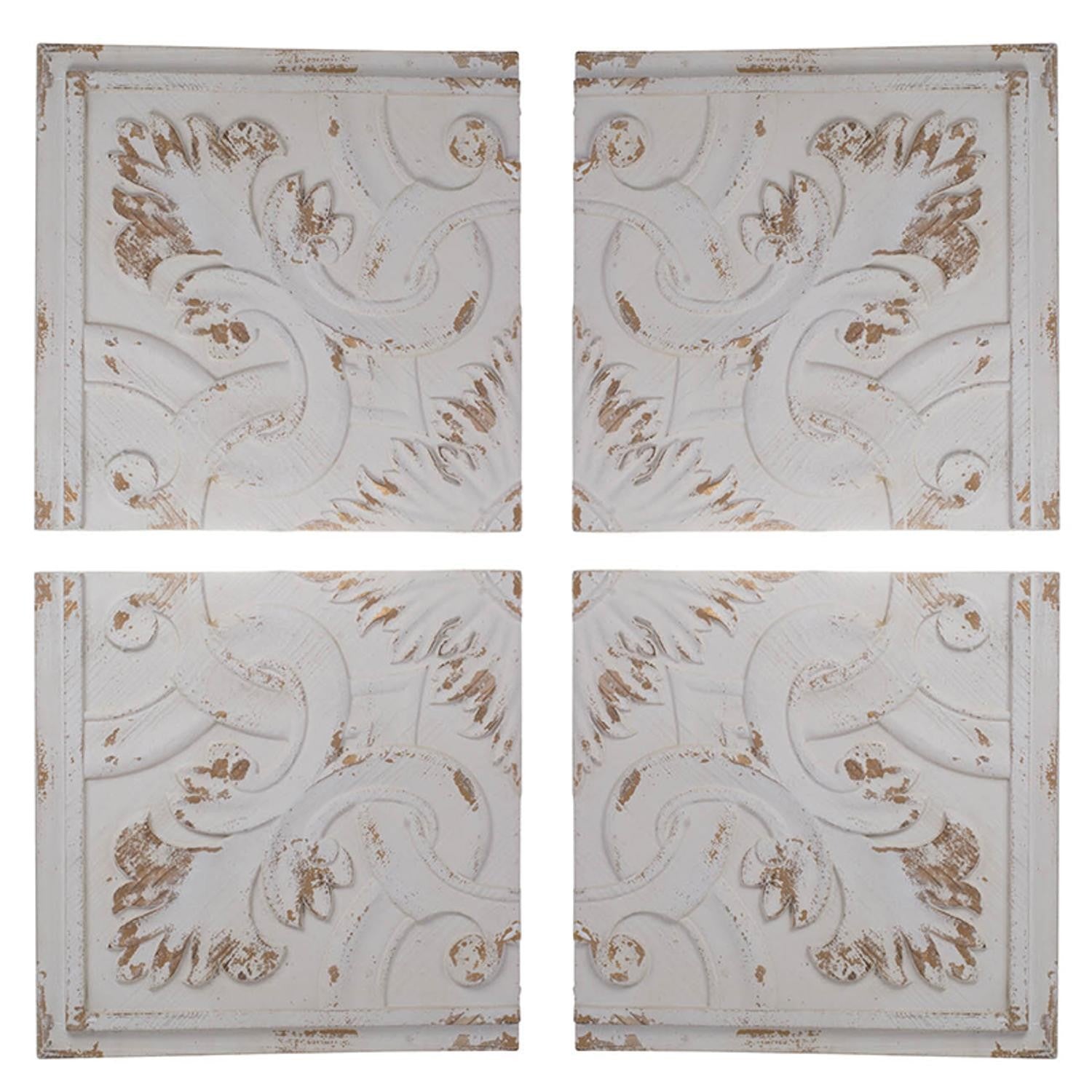 Set of 4 Whitewashed Arabesque Carved Wall Art-0