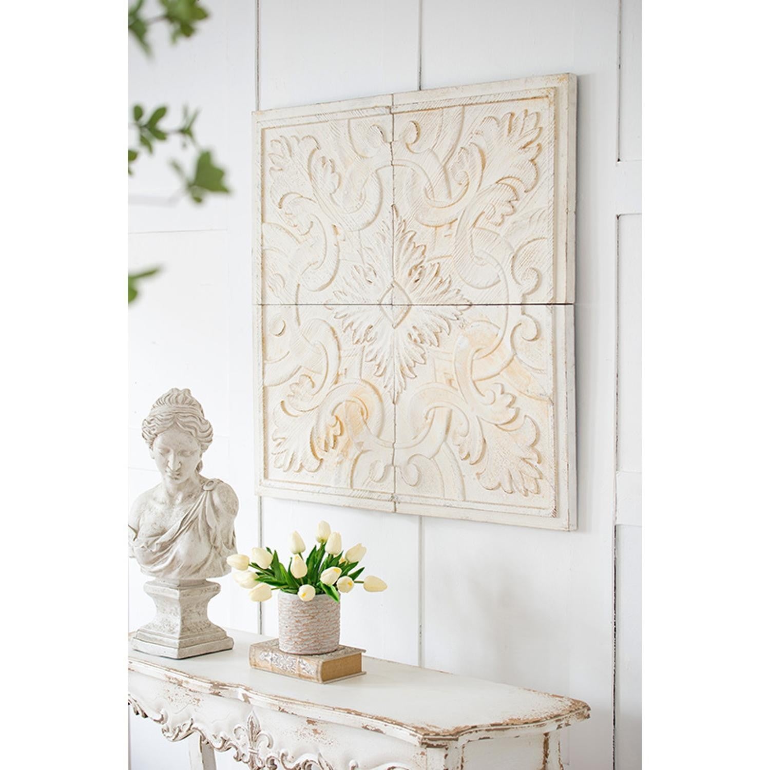 Set of 4 Whitewashed Arabesque Carved Wall Art-2