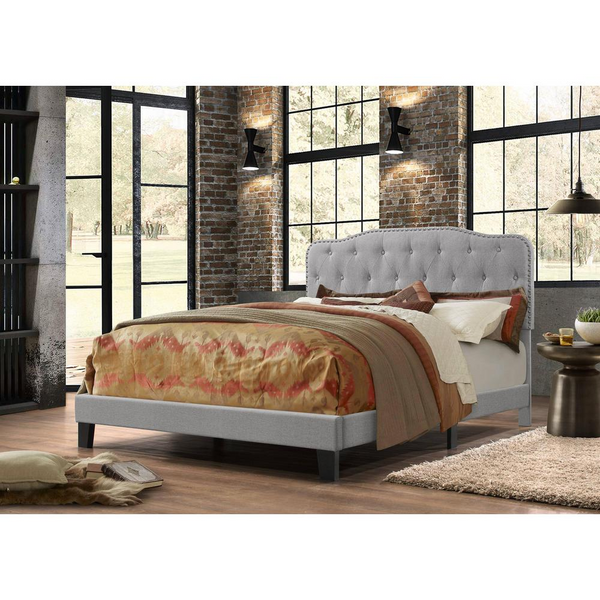 Gray Linen Uph. Panel Bed with Silver Nailhead- Full