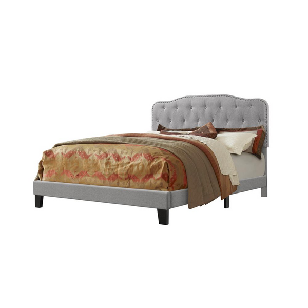 Gray Linen Uph. Panel Bed with Silver Nailhead- Full