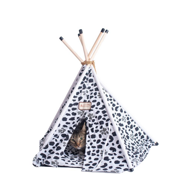 White/Black Paw Print Cat Bed Teepee