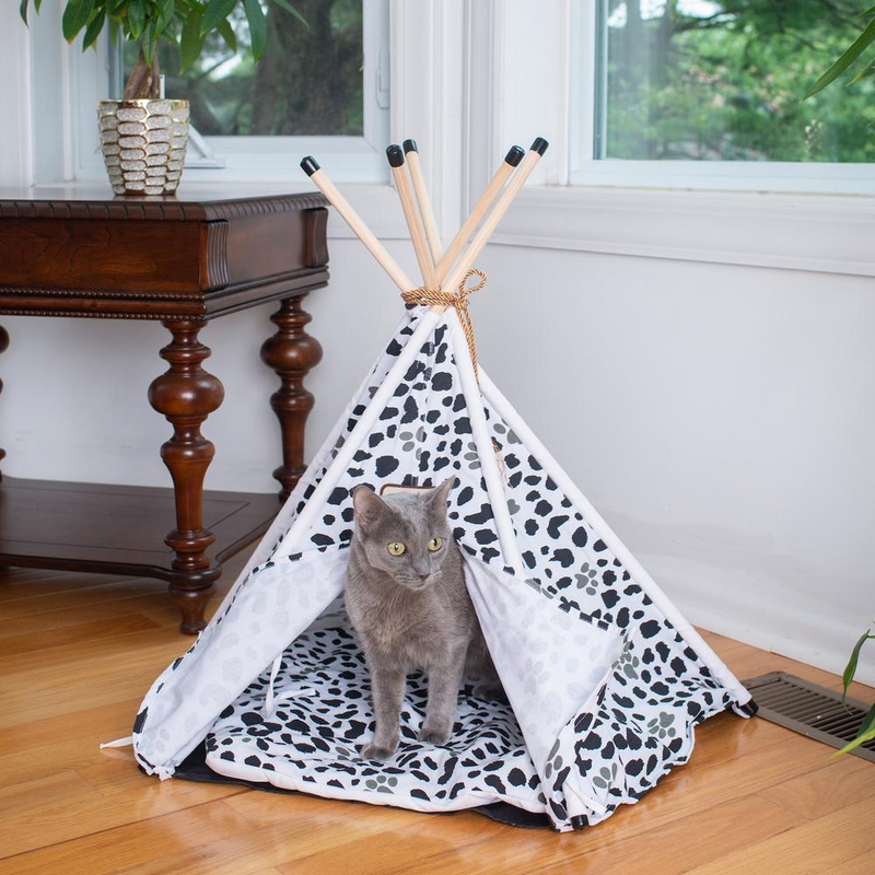White/Black Paw Print Cat Bed Teepee