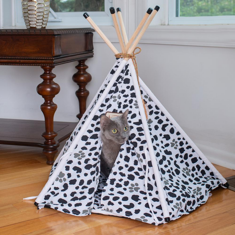 White/Black Paw Print Cat Bed Teepee