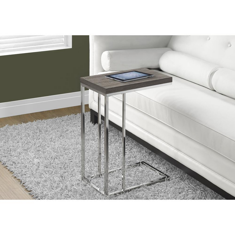 Modern Dark Taupe Reclaimed Wood C-Table with Chrome Base
