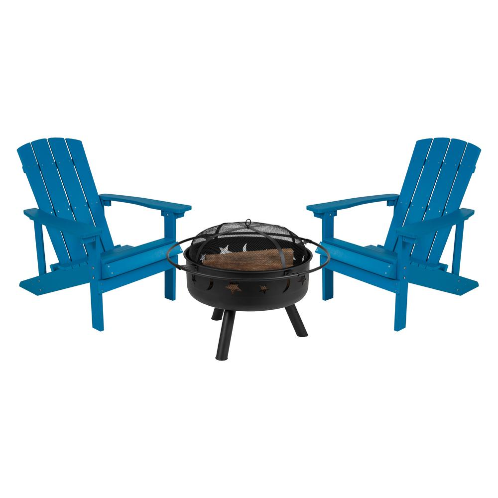 Blue Celestial Retreat Adirondack Chair Set with Star and Moon Fire Pit