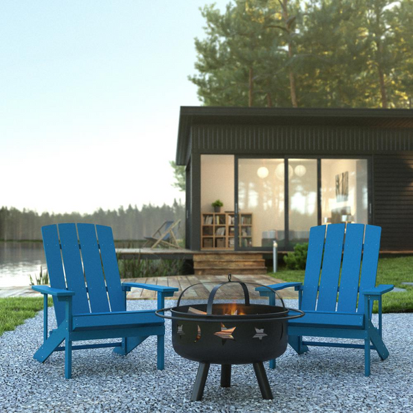 Blue Celestial Retreat Adirondack Chair Set with Star and Moon Fire Pit