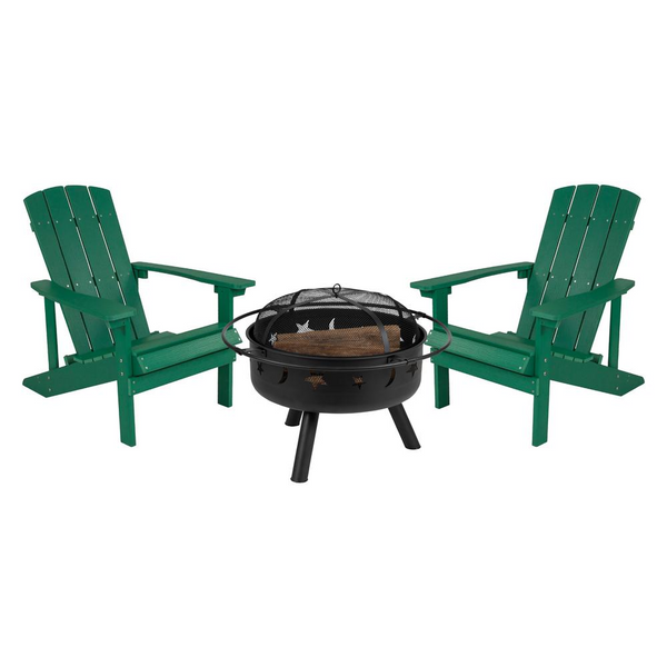 Green Celestial Retreat Adirondack Chair Set with Star and Moon Fire Pit