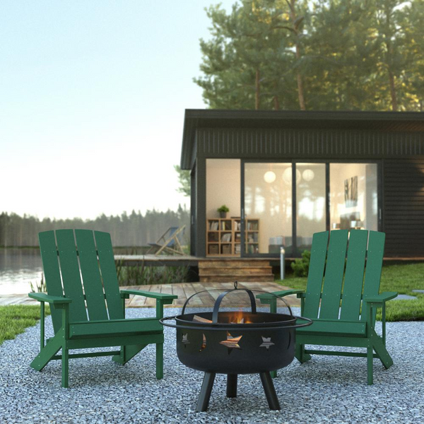 Green Celestial Retreat Adirondack Chair Set with Star and Moon Fire Pit