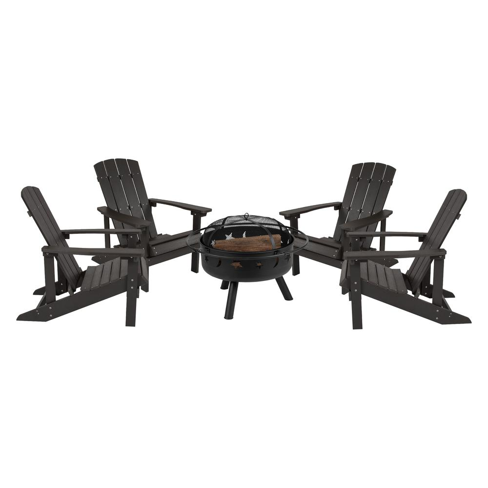 Slate Gray Celestial Retreat Adirondack Chair Set with Star and Moon Fire Pit