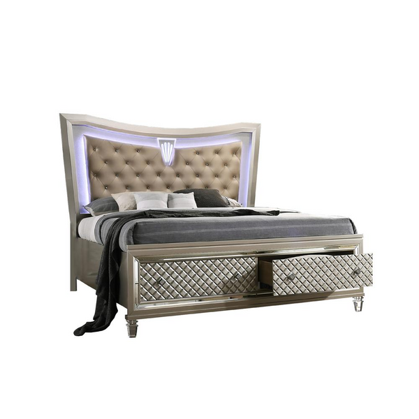 Platform Bed with Tufted Buttons, Acrylic Legs, Back Lighting and 2 Drawers on the Footboard