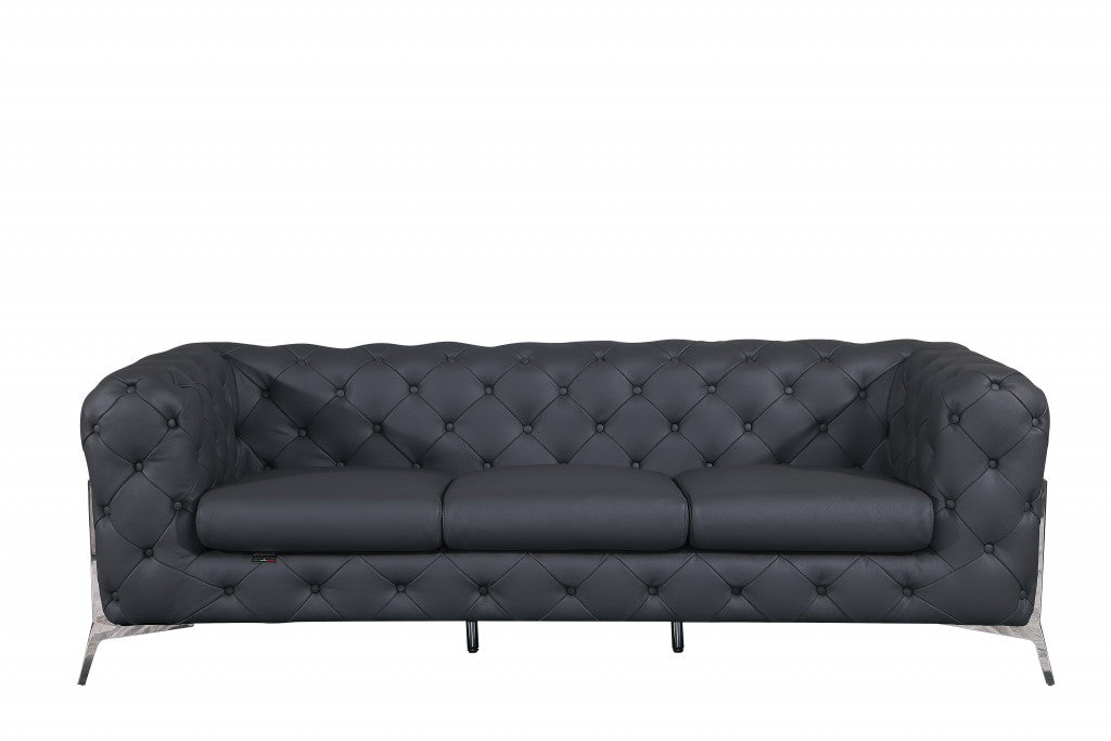 93" Dark Gray Genuine Button Tufted Leather Standard Sofa-0