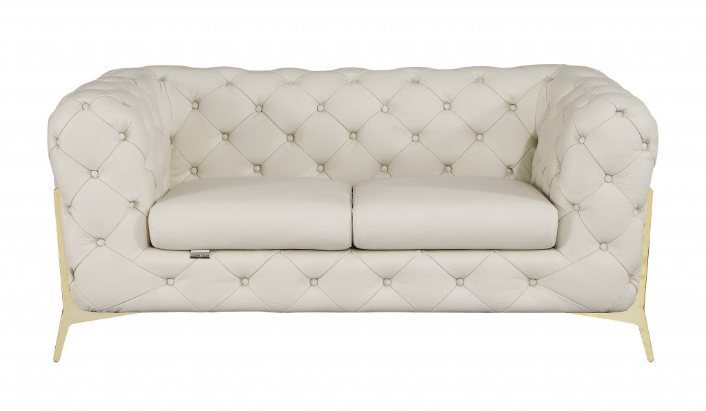 69" Beige All Over Tufted Italian and Gold Leather Love Seat-0