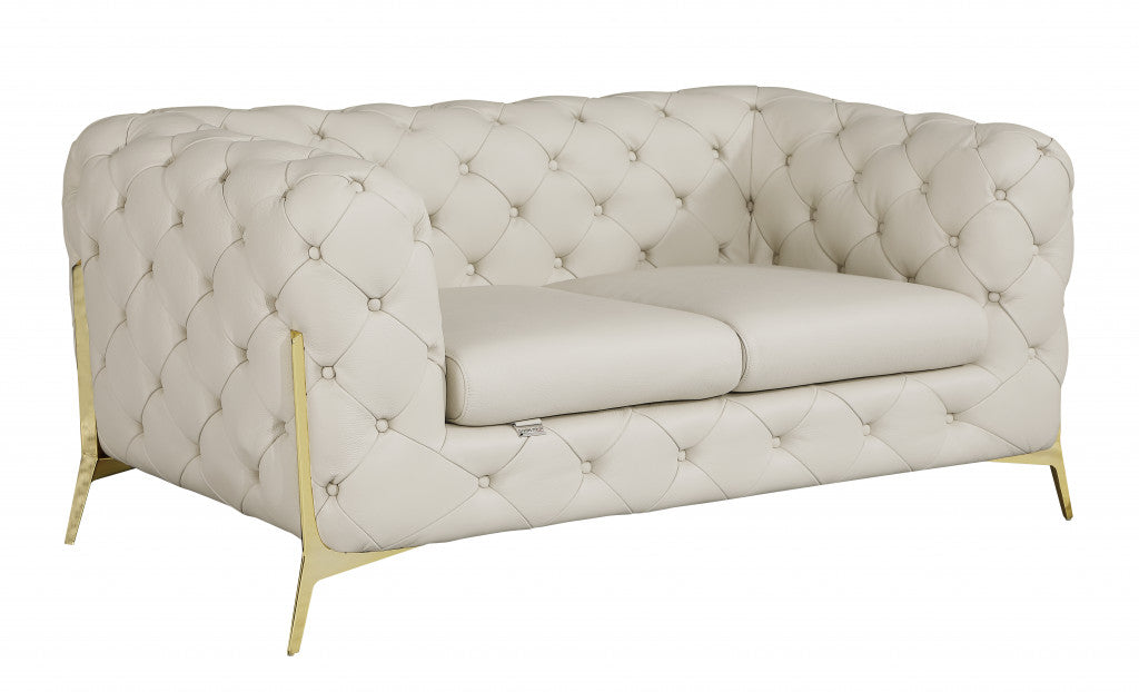 69" Beige All Over Tufted Italian and Gold Leather Love Seat-1