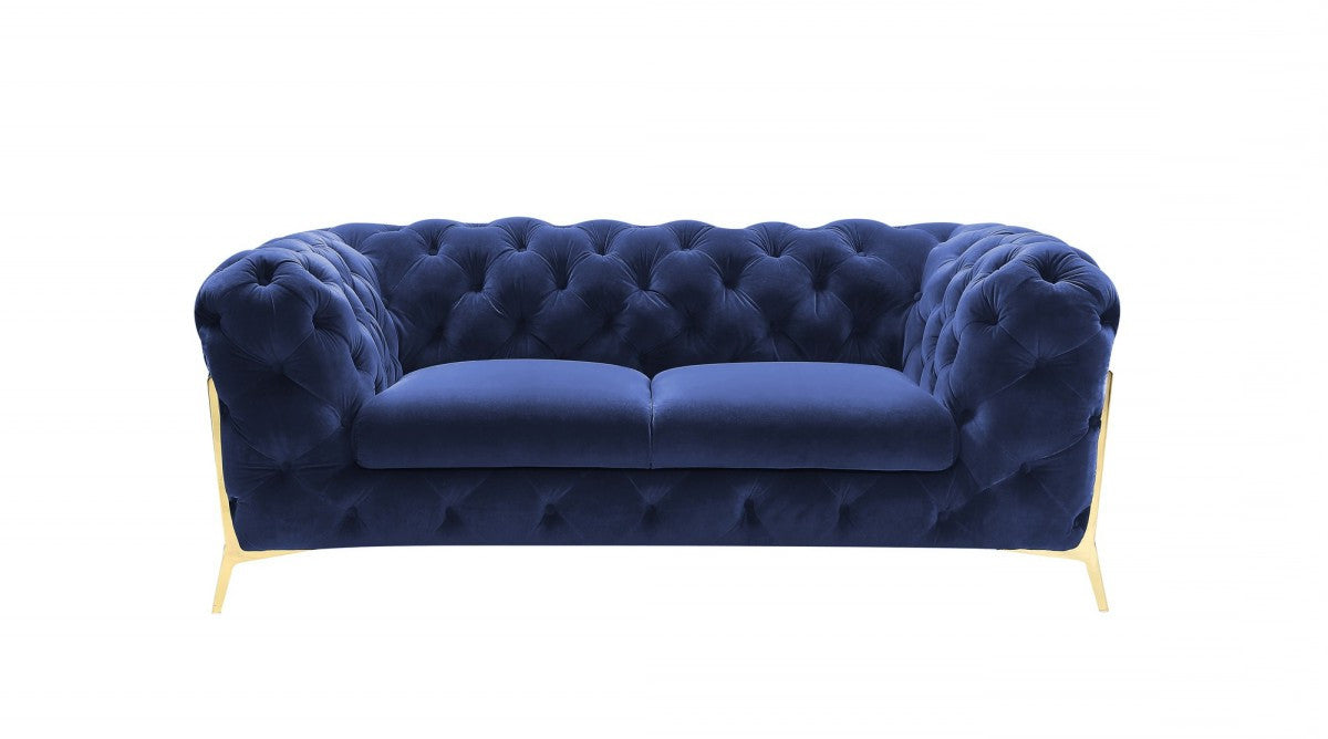 Contemporary 74" Blue Velvet And Gold Loveseat-2