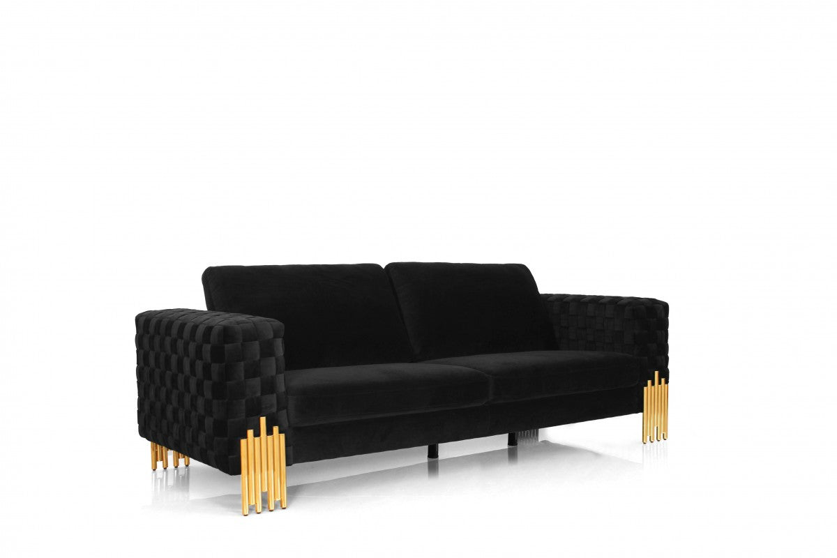 Stylish Black Velvet And Gold Accent Sofa-1