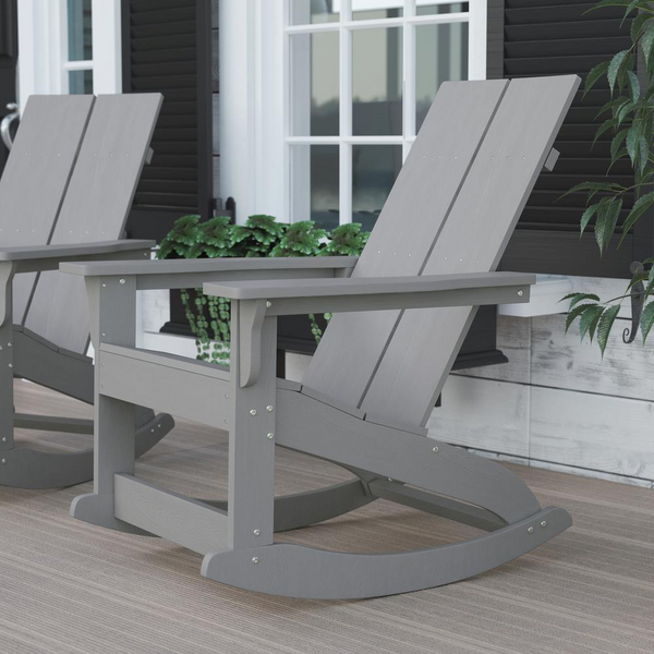 Finn Modern All-Weather 2-Slat Poly Resin Wood Rocking Adirondack Chair with Rust Resistant Stainless Steel Hardware in Gray