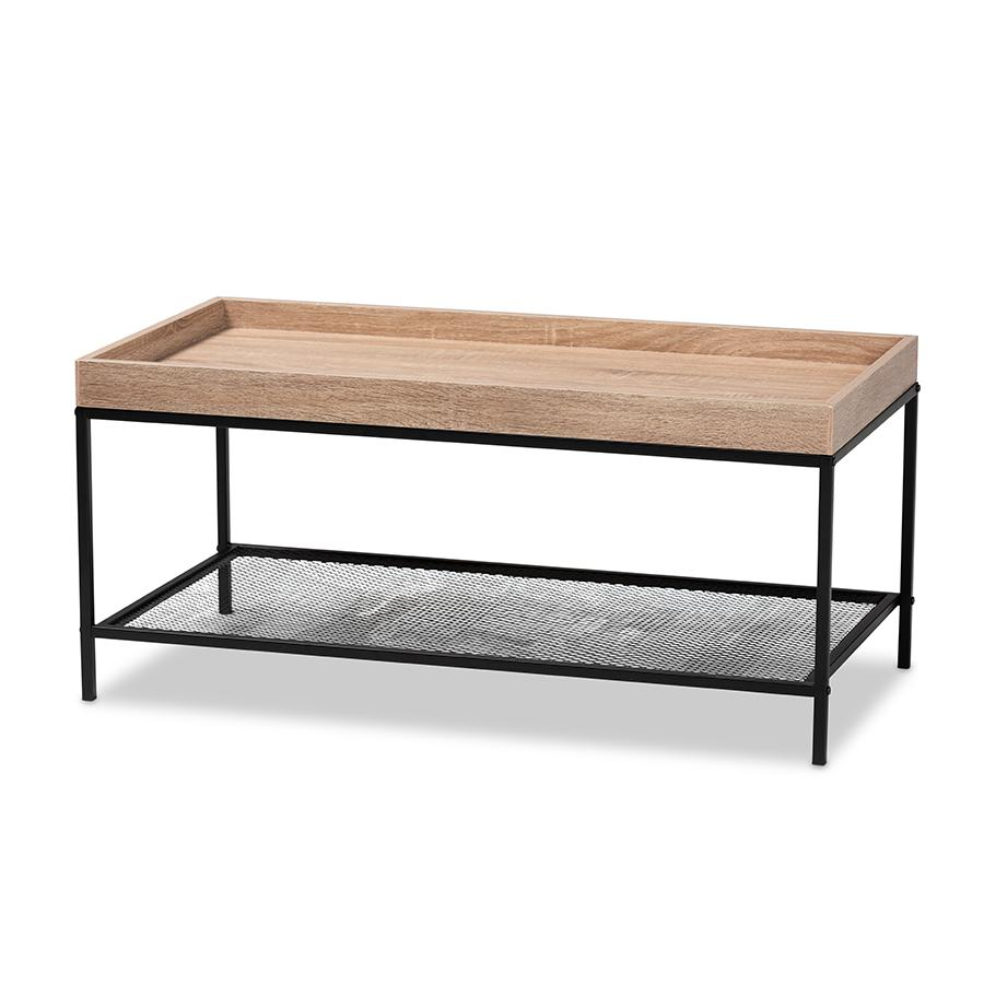 Overton Modern Industrial Oak Brown Finished Wood and Black Metal Coffee Table